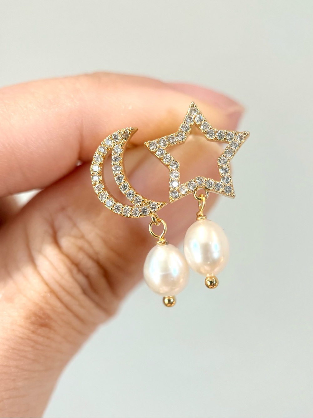 Gold Star & Moon Real Pearl Drop Earrings - Elegant Women Jewelry